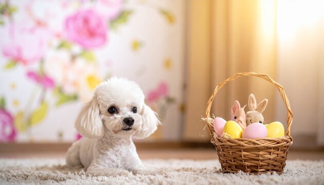 Cute white Bichon Frize dog with Easter basket and colorful eggs at home.