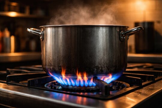 Activated gas burner heating a large cooking pot