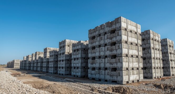 Building materials displayed as stacked cement blocks on site under an open blue sky for project planning