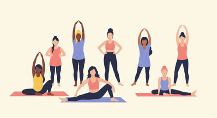 Naklejka premium Diverse group of women practicing yoga and stretching in a relaxed and healthy lifestyle pose