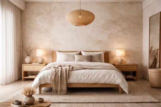 Japandi style bedroom interior featuring wabi sabi wallpaper and wooden furnishings in soft beige and white tones