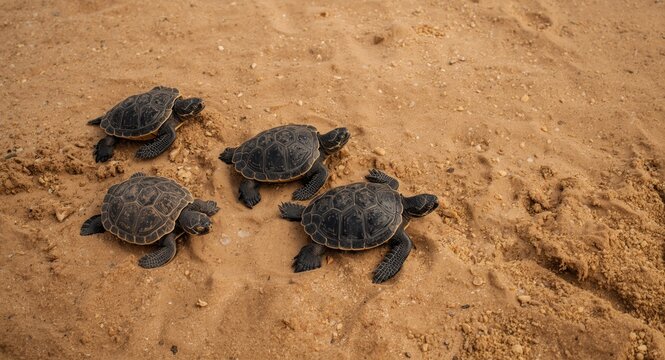 Group of baby leatherback turtles journeying on warm beach sand with text copyspace
