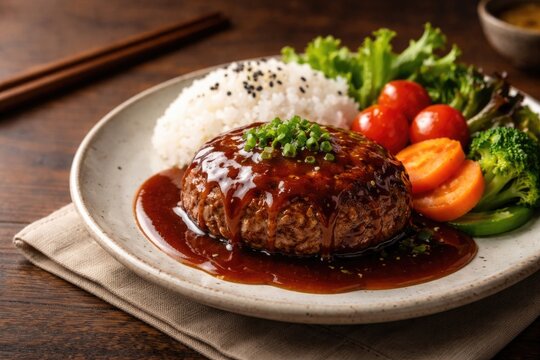 Japanese hamburger steak with savory sauce on plate and copy space for text design