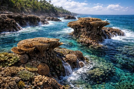 Natural coral formations shaped by coastal erosion processes