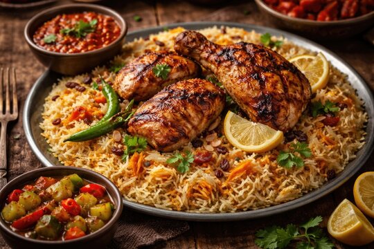 Delicious aromatic Mandhi rice accompanied by grilled chicken and spicy chili sauce with tangy pickles