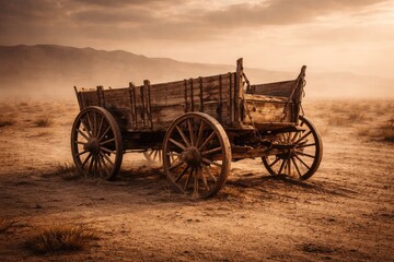 Fototapeta premium An old wooden wagon left in isolation on a barren dusty plain
