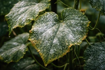 Naklejka premium Close up of infected cucumber leaves showing white powdery mildew disease