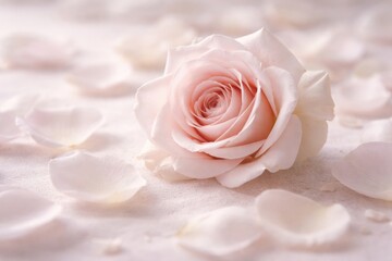 Fototapeta premium A delicate soft pink rose surrounded by scattered white petals on a gentle surface