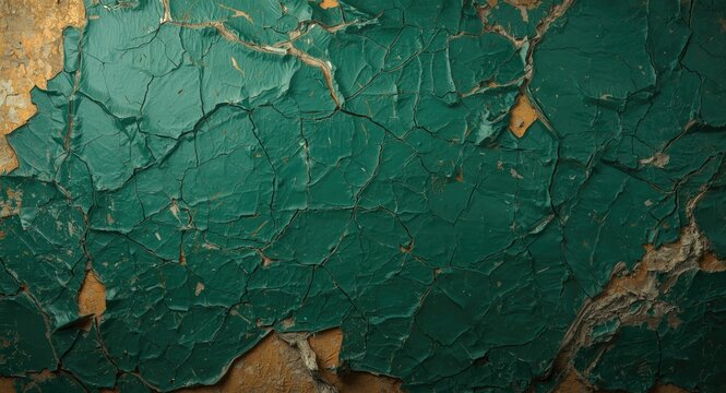 Weathered surface revealed under cracked and peeling green paint