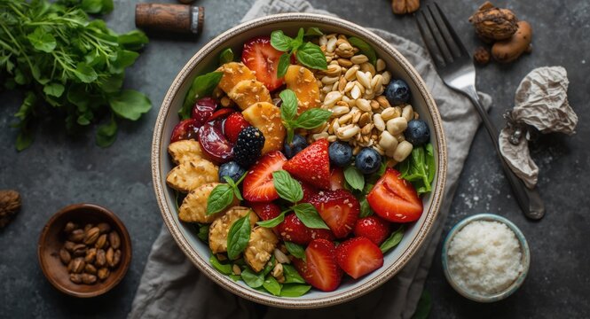 Overhead shot of a nourishing vegetarian vegetable salad bowl topped with fresh fruits nuts and grains