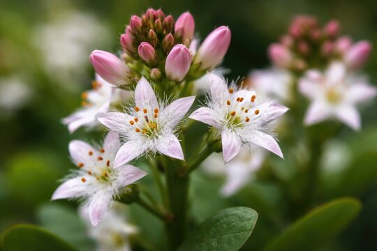Close up of blooming bogbean flowers with vibrant petals