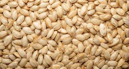 Fototapeta premium Top view of shelled pumpkin seeds arranged neatly with ample copy space