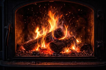 Obraz premium Vivid Flames Crackling in Wood Stove with Colorful Sparks