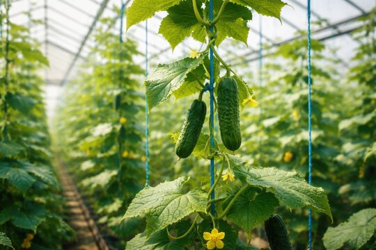 Cucumber vines climbing a blue twine inside a greenhouse vegetable garden