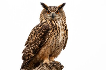 Fototapeta premium Majestic eagle owl perched with detailed feathers against a white background