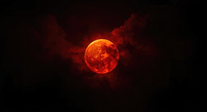 Vivid crimson lunar eclipse with a full red moon and moody clouds