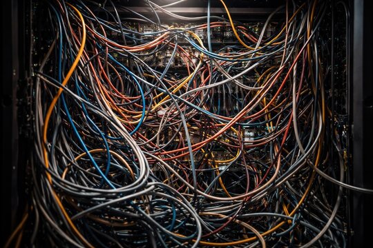 Complex tangled network cables forming disorganized structure inside server rack
