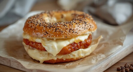 Fototapeta premium Appetizing view of a bagel sandwich topped with creamy cheese for breakfast