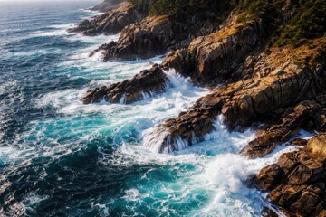Fototapeta premium Aerial perspective of a rocky coastline with crashing ocean waves during daylight