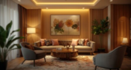 Fototapeta premium Warm softly lit blurred hotel lounge room designed as an inspiring mood board backdrop