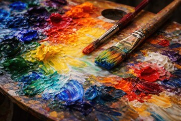 Fototapeta premium Vibrant artist palette showcasing mixed paints and detailed brush strokes