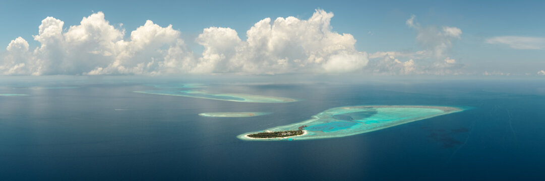 Aerial panorama of islands and atolls in the Indian ocean, Maldives