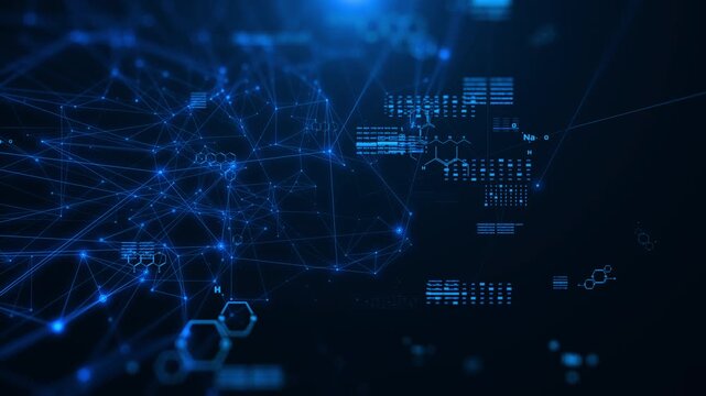 Abstract blue chemical futuristic structural health care formulas. Science geometric network cyberspace 4K motion background