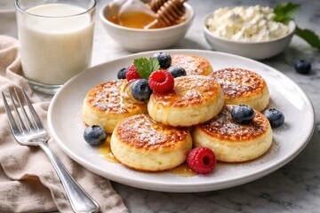 Fototapeta premium Nutritious breakfast featuring cottage cheese pancakes served with milk on a white plate