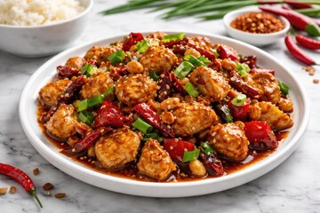 Fototapeta premium Spicy Kung Pao Chicken served on white marble countertop