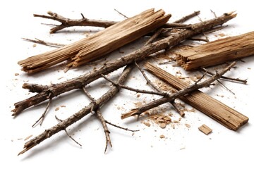 Fototapeta premium Close up view of dry tree twigs and scattered broken wood planks on white background