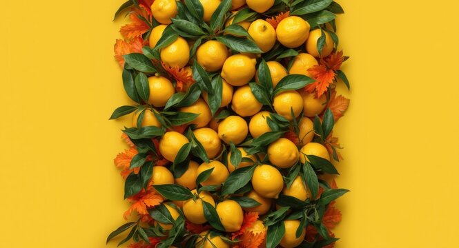 Top perspective creative summer backdrop displaying ripe lemons alongside orange and green leaves with copy space