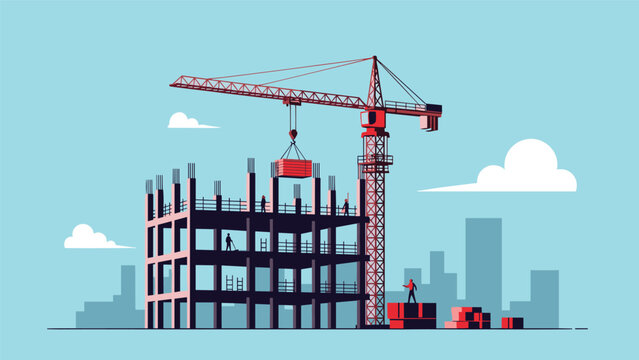 Massive construction project showing the framework of a new high-rise building with a large tower crane and workers on different levels.