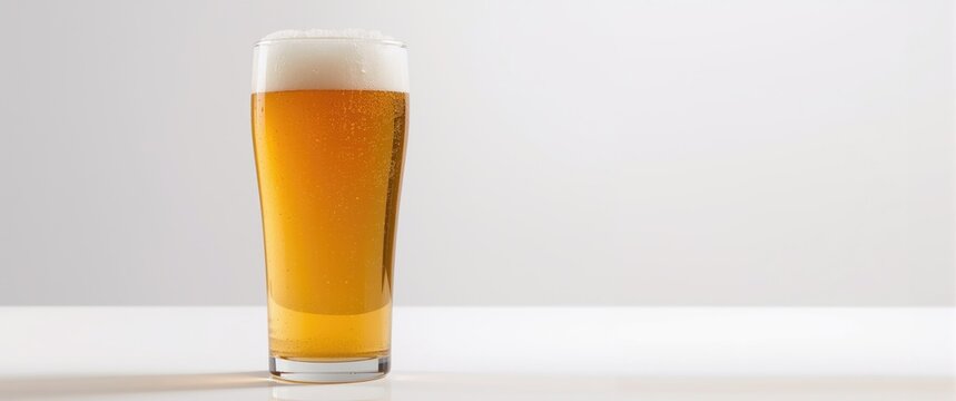 Nonic glass packed with a hazy pale ale beer on crisp white background