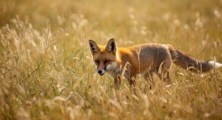 Fototapeta premium Vibrant Fox Explores a Sunny and Playful Summer Field