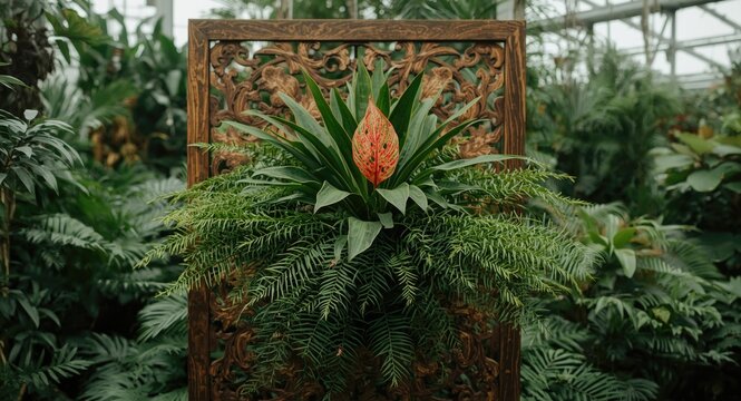 Tropical bromelia plant flourishing on a decorative wooden panel with lush greenery in a greenhouse setting