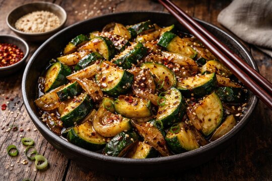 Delicious zucchini stir fry with onions in sweet teriyaki sauce garnished with toasted sesame seeds and red chili flakes served on rustic wood with chopsticks