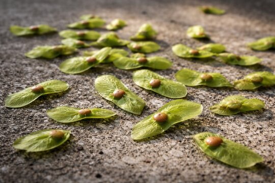 Green Padauk Seeds Scattered on Rough Cement Surface with Natural Light