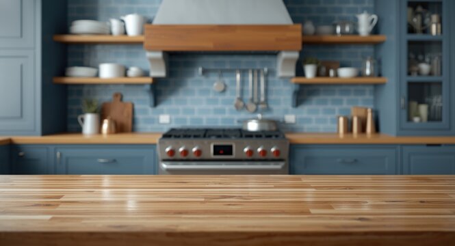 Wooden kitchen counter stove and shelf in blue themed kitchen with blurred background suitable for mockup projects