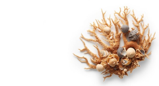 White background composition with lovely Sango coral branches, mollusks, and coral ecosystem elements