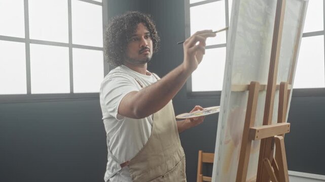 Young indian man painter in apron holds brush and palette, right hand painting strokes on canvas in studio with large windows and natural light; creative concentration.