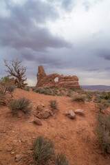 Scenery of Arches National Park Utah USA, turret arch on a moody cloudy day. nature and travel vertical banner. © piksik