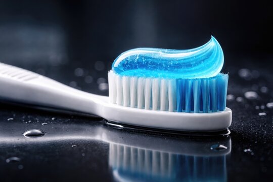 Close up side view of a white toothbrush with blue gel toothpaste on a glossy dark reflective surface highlighting oral care