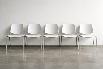 Obraz premium Neatly Aligned Row of Five White Plastic and Metal Chairs Against Wall