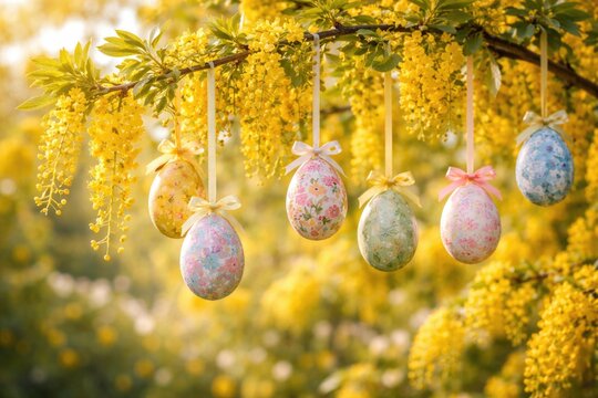 Decorative Easter eggs hanging on a blooming laburnum tree branch