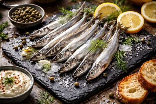 Fresh Capelin Fish Displayed with Lemons and Capers on Slate Board