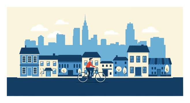 Man cycling in front of cityscape, residential buildings, and skyscrapers