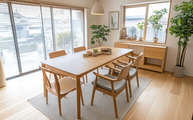 Fototapeta premium Modern dining room wooden table wooden chair indoor plant large window natural light minimalist decor bright interior cozy atmosphere Scandinavian style modern dining room with wooden table