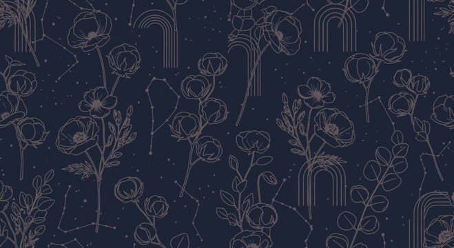 Elegant floral pattern with constellations and arches on dark background