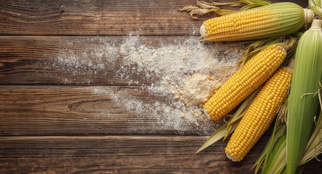 Scattered cornstarch next to golden corn cobs with husks on textured wooden plank
