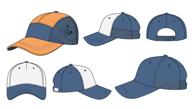 Multi-angle views of a stylish baseball cap in a blue and orange color scheme showing the front, side, and back design details.